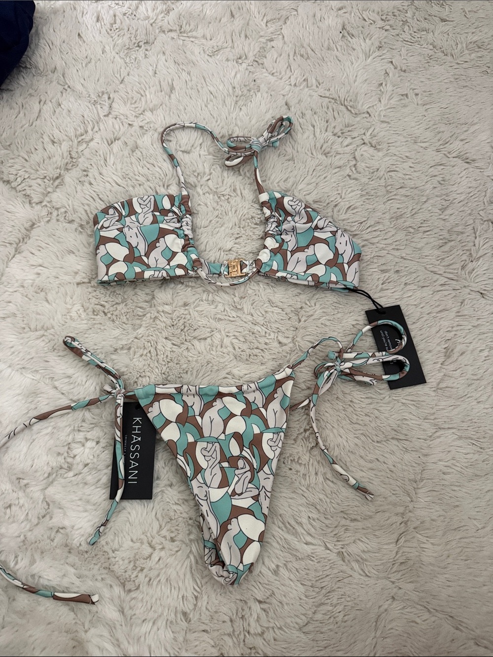 Floral Tie-Side Bikini in Aqua & Brown
